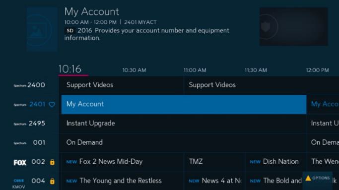 channel 2401 in the Spectrum Guide for easy access to account overview in settings and support