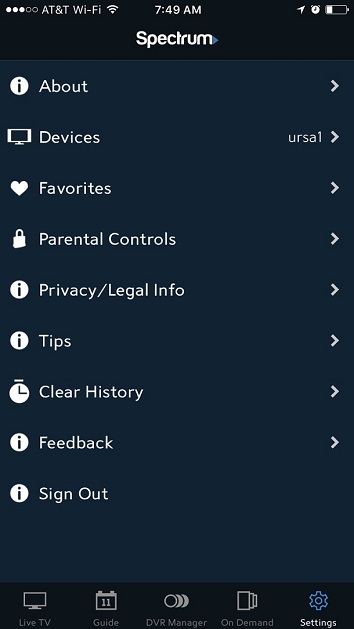 Settings options in the Spectrum TV app