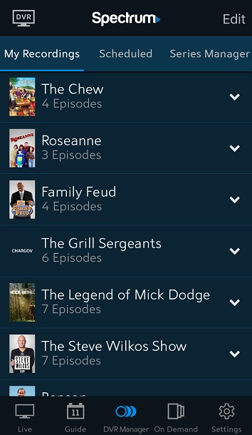 DVR manager in the Spectrum TV app