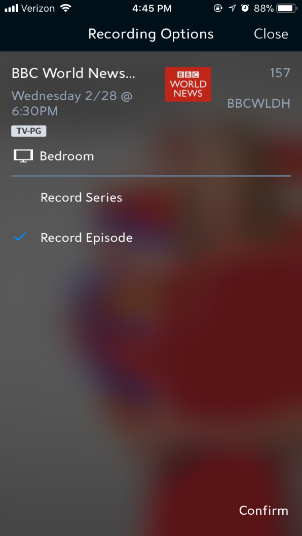 Record Options in the Spectrum TV app